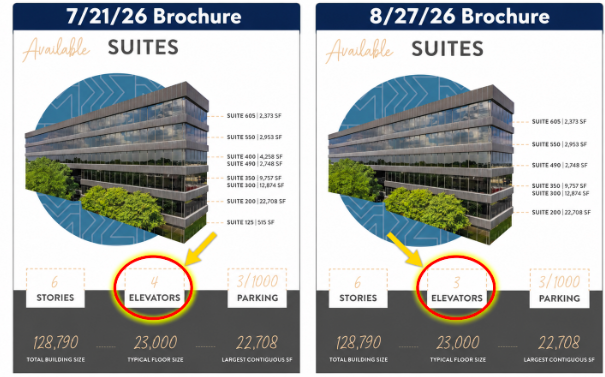 Two brochures for the same building side by side. The July 21, 2026 brochure lists 4 elevators; the August 27, 2026 brochure lists 3 elevators.